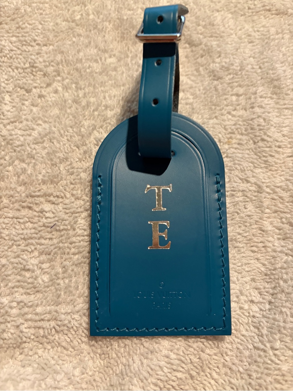 Louis Vuitton Teal Leather Monogram Tag with Gold Initials